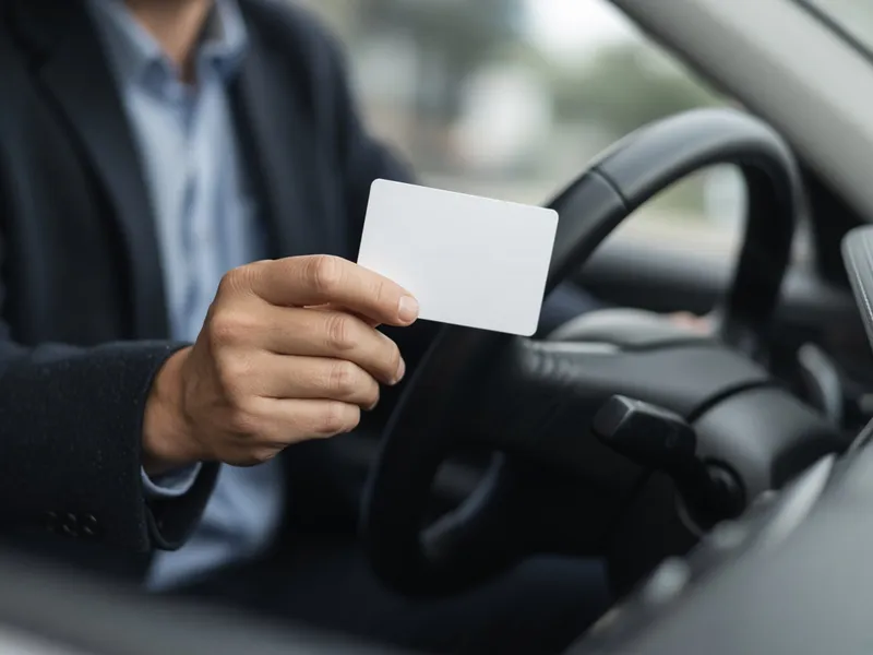 Hand houdt een eenvoudige wagenparkbetaalkaart bij het stuur
