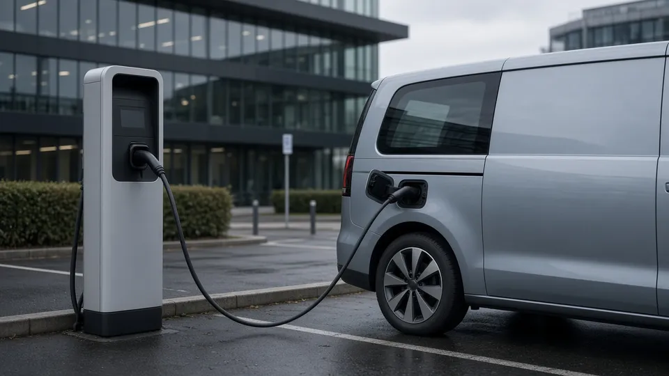 Elektrische bestelwagen laadt op bij een werkplaatsparkeerplaats