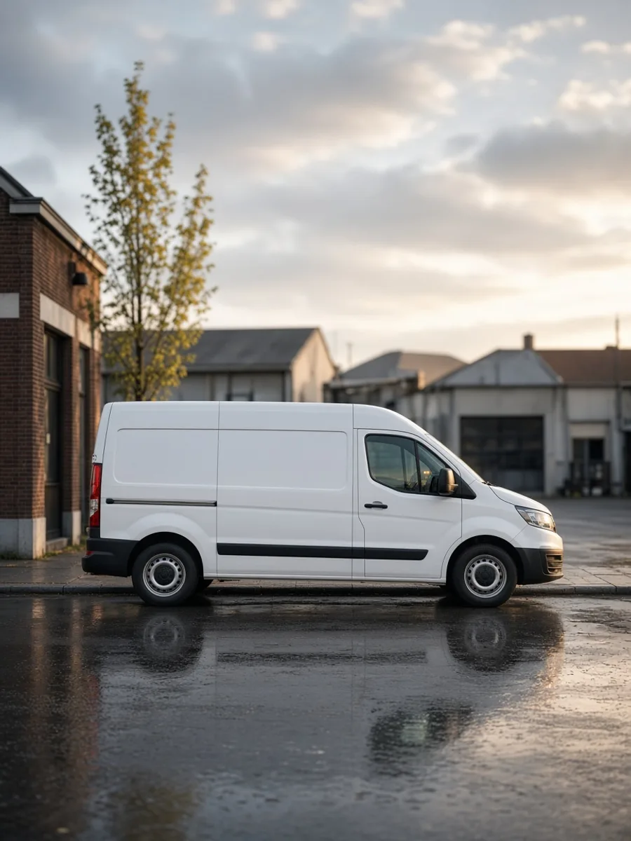 Witte bestelwagen op een natte straat in ochtendlicht