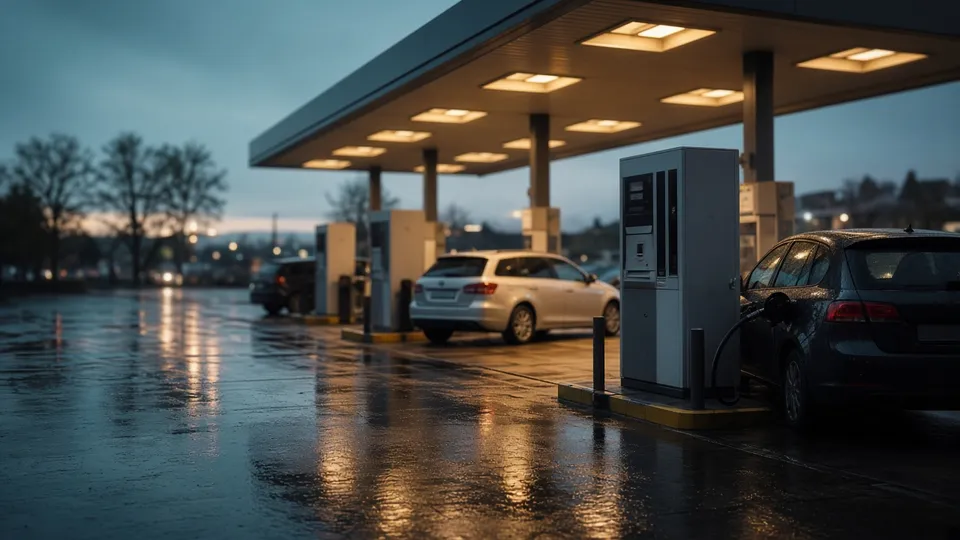 Modern tankstation bij schemering